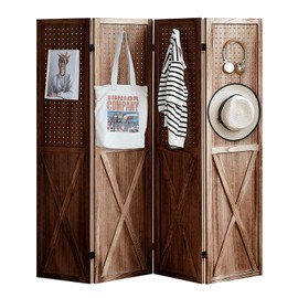 ALeesing 4 Panel Pegboard Room Divider, 5.6Ft Pegboard Display Wood Room Divider Folding Privacy Screens, Peg Board Display Freestanding for Trade Show Craft Show Home Wall Organizer, Retro Brown