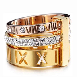 SINLEO Stainless Steel CZ Zirconia Roman Numeral Ring for Women 3 in 1 Trinity Wedding Band Rings, Metal, Cubic Zirconia