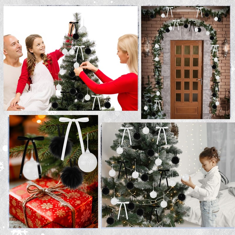 64 Pcs Christmas Ornament Plush Sequins Balls Bows, Black,White
