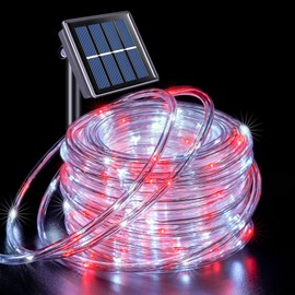 JMEXSUSS 200 LED Solar Christmas Rope Lights, 72ft IP 65 Outdoor Waterproof Christmas Rope Lights with 8 Modes, Red and White Solar Christmas Lights for Fence Yard Walkway Christmas