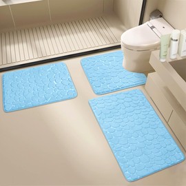 JOYART Bathroom Rugs Sets 3 Pieces,Cobblestone Memory Foam Bath Mat Set,Toilet Mats,Non-Slip Absorbentb Rugs,Machine Washable,Dry Toilet Mat Sets for Bathroom Floor-Sky Blue