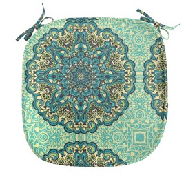 Ambesonne Ethnic Chair Seating Cushion Set of 4, Abstract Flower Arrangement Mandala Style Nature Elements Vibrant, Anti-Slip Seat Padding for Kitchen & Patio, 16"x16", Pale Yellow Turquoise