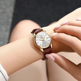 OLEVS Leather Watch for Women Gold Waterproof Simple Womens Watch with Date Small Face Analog Quartz Ladies Watch Minimalist Luxury Brown Band Women Wrist Watches, Montre Pour Homme
