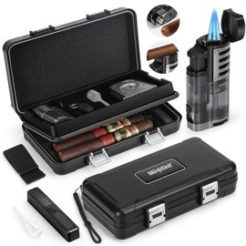 SEMKONT Cigar Humidor, Portable Travel Cigar Box, Double Cigar Humidor with Separate Storage for Cigar Accessories, Cigar Travel Case with Cigar Lighter(No Butane), Holds 5 Cigars (Black)