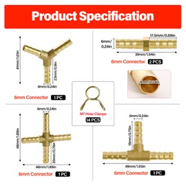 YIXISI 5 PCS 6mm 2/3/4 Way Fuel Hose Barbed Connector, Brass Joiner Adapter With 14 PCS Clamps, for Air, Water, Gas Oil