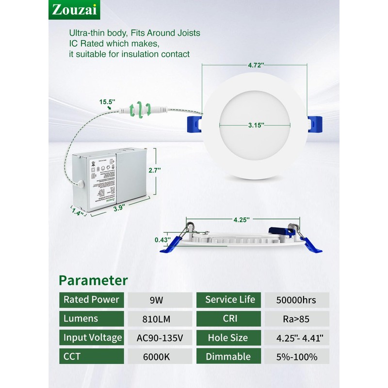 zouzai 12 Pack 4 Inch 6000K Ultra-Thin LED Recessed Light