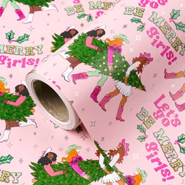 WRAPAHOLIC 30 Inch Jumbo Cowgirl Christmas Wrapping Paper - 30 Inch x 33 Feet - Gold & Silver Print Cowgirl Wrapping Paper with Let's Go Be Merry Girls for Xmas Holiday, Party Celebration