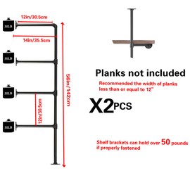 Industrial Wall Mount Iron Pipe Shelf Bracket,Retro DIY Open Bookshelf,Storage Shelves, Ceiling Hung Shelves for Home Kitchen Bathroom Living Room Office(2PcsX4Tier,56" Tall,12" deep,Hardware Only)