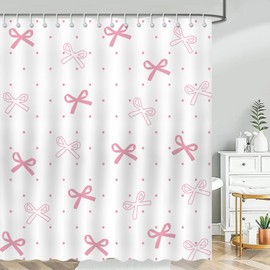 Mocsicka Pink Bow Shower Curtain Bow Polka Dots Bathroom Shower Curtain Cute Pink Bows Aesthetic Waterproof Fabric Shower Curtains Bathtub Decor with 12 Hooks 72 X 72 Inch (White)