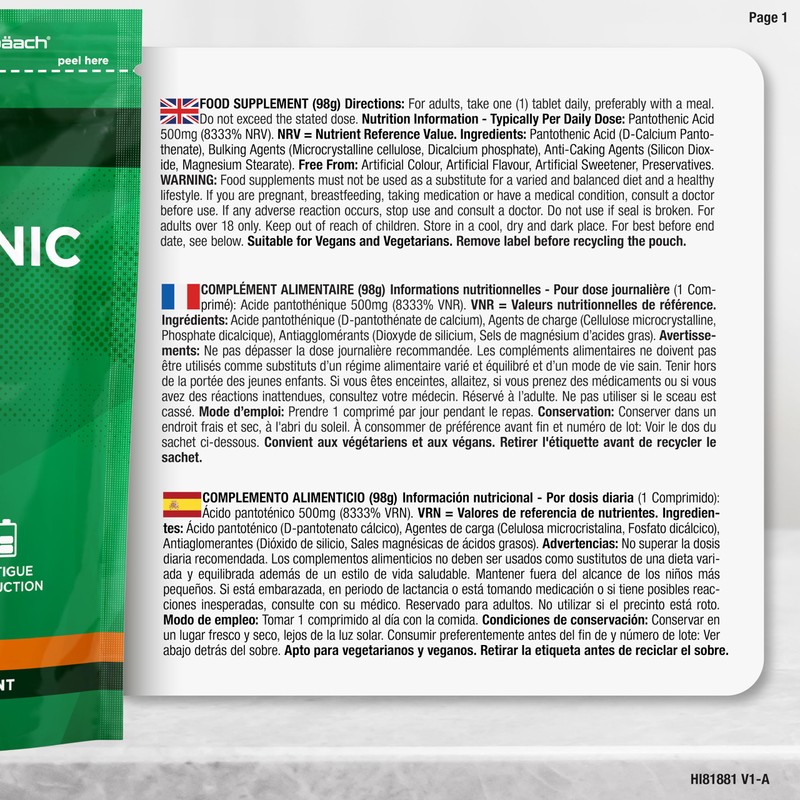 HI Vitamin B5 Pantothenic Acid 500 mg 90 Vegan Tablets