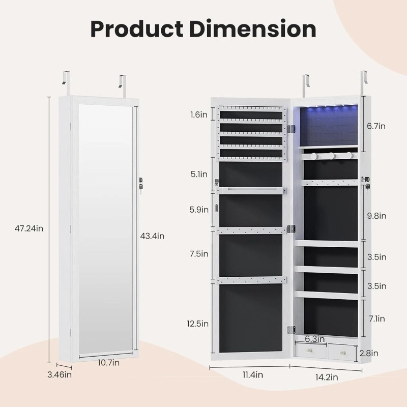 ANTONIA Lockable Jewelry Cabinet w/ Full-Length Mirror Wall Door Mount