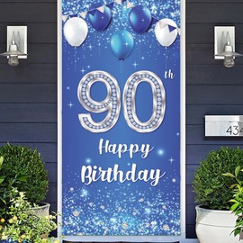 Happy 90th Birthday Banner Backdrop Balloons Crystal Glittery Stars Confetti Theme Decor Decorations for Men Women 90th Birthday Party Cheers to 90th Years Party Bday Supplies Gift Silver and Blue