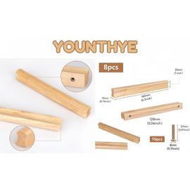 Pack of 8 Furniture Handles, Wood, 160 mm, Cabinet Handles, Wooden Kitchen Handles, Wooden Furniture Handles, 128 mm Hole Spacing, Drawer Handles, Furniture, Solid Wooden Handles for Cupboards,