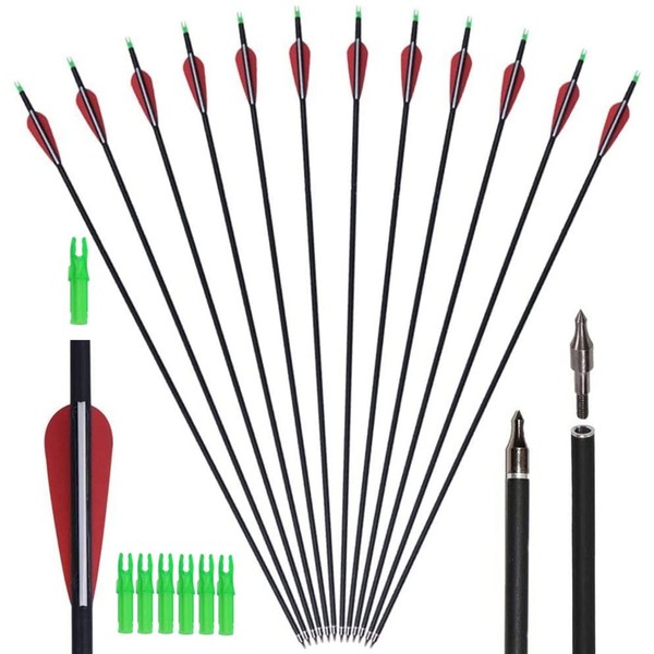 GPP Carbon 30-Inch Arrows with Field Points Replaceable Tips (12 Pack) with 6 Free Nocks for Recuve Bow & Compound Bow