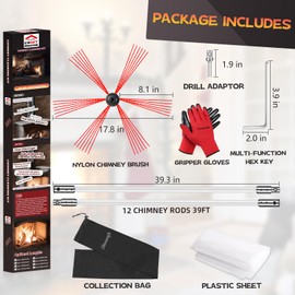 Cleancraft 39 Feet Chimney Sweep Kit, Chimney Cleaning Kit with 12 Flexible White Chimney Rods, Chimney Brush for Sweeping Fireplace, Rotary Chimney Cleaning System Driven by Drill