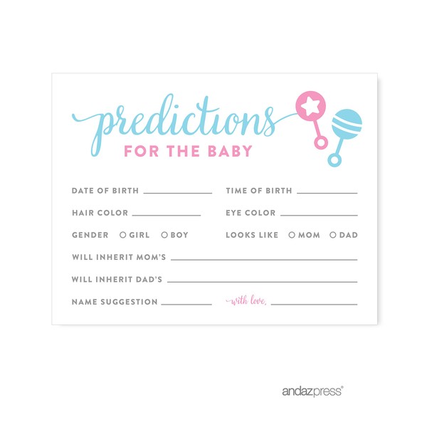 Andaz Press Team Pink Team Blue Gender Reveal Baby Shower Party, Predictions for Baby Cards, 20-Pack