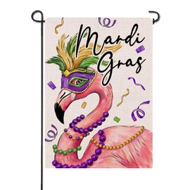 Artofy Mardi Gras Flamingo Decorative Garden Flag, Mask Feather Beads New Orleans Carnival Yard Lawn Outside Decor, Masquerade Holiday Outdoor Home Decoration Double Sided 12 x 18