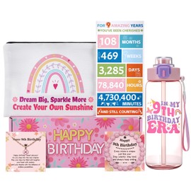 9 Year Old Girl Birthday Gifts - Set of 5 with Durable Tritan Water Bottle, Bracelet, Necklace, Bag, Card, Fun Cute Gifts for 7th 8th 9th 10th Year Old Girls Daughter Sister Niece Granddaughter