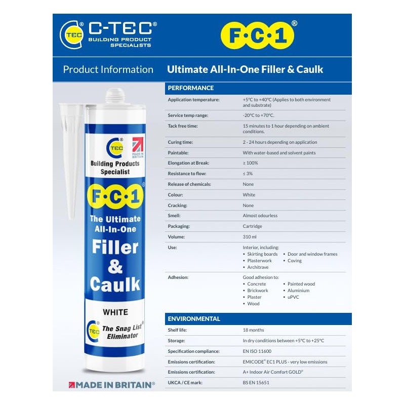 12 x C-Tec FC1 Unique All-In-One Filler and Caulk White