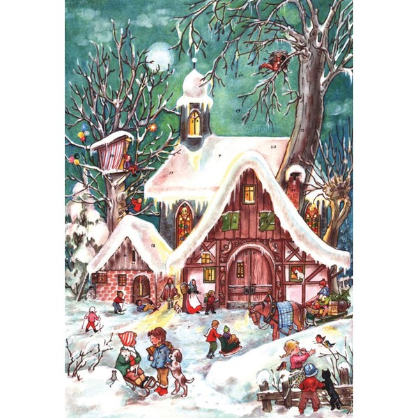 Nostalgic Advent Calendar with Pictures and Glitter for Children and Adults "Winterliches Treiben"