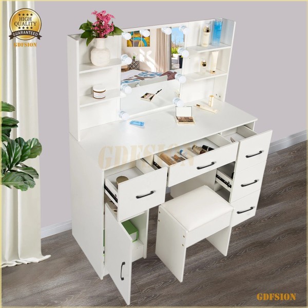 Ymaissi Makeup Vanity Dressing Table With Lighted Mirror Stool 6