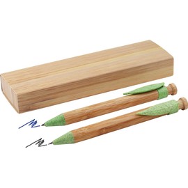 MPM Quality Bamboo Ballpoint Pen and Pencil Set with Wheat Straw Clip in Paper Box, Set of 2, Blue Ink and Pencil, Light Wood/Green, EKO Gifts Box, Eco-Friendly, Eco-Friendly