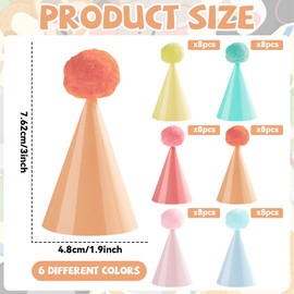 48Pcs Mini Pastel Birthday Party Hats for Stuffed Animals 3Inch Adjustable Cone Caps with DIY Pom Poms Colorful Mini Party Hats Pets Dolls Kids Small Pastel Birthday Decorations Kit for Holidays