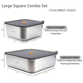YUPER Stainless Steel Food Containers, Meal Prep Containers, Bacon Cheese Container for Refrigerator, Stainless Steel Containers with Lids Fruit Lunch Storage, 2 Pack (88+162OZ)