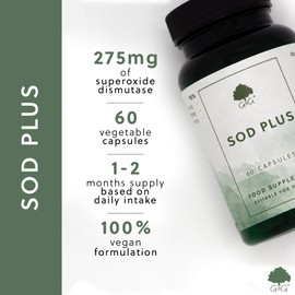 SOD Plus (Superoxide Dismutase) Capsules 275mg - Antioxidant Blend with NAC, L-glutathione, Zinc, Manganese and Copper - 60 Vegan Capsules - Non GMO, Made in The UK - G&G Vitamins