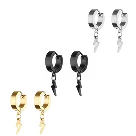 3 Pairs Unisex Punk Hip Hop Stainless Steel Silver Black Gold Tone Lock Thunder Lightning Bolt Dangle Huggie Hoop Earrings Gift for Women Men
