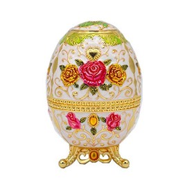 VOANZO Retro Creative Metal Toothpick Holder Flower Pattern Egg Shape Hand Press Toothpick Case Portable Retractable Box (White - Gold Red Rose)