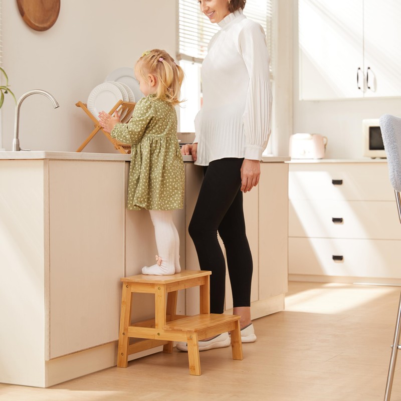 Bamboo Step Stools for Adults Kids, 2 Step Stool for