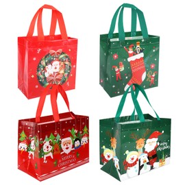 HJUGK Assorted Christmas Gift Bags, Reusable Non-Woven Tote Bags with Handles,Santa Claus, Christmas stockings，Christmas wreath (4 Bags: 2 Large，2 Small) for Holiday Parties