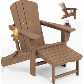 KINGYES Folding Adjustable Adirondack Chair with Retractable Ottoman, HDPE Weather Resistance Oversized Outdoor Chair with Cup Holder, Wood-Like Reclining Versatile Adirondack Chair, Brown