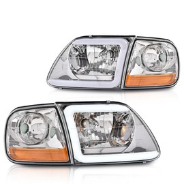 GRAND ORANGE LED Tube Headlights Assembly & Corner Parking Lights Compatible with 1997-2002 Ford Expedition /1998-2004 Ford F150 / 1997-1999 F250 Clear Lens Chrome Housing Amber Reflector