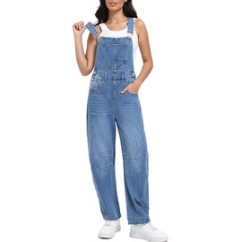 Estzc Women's Denim Overalls Barrel Oversized Rompers Straight Wide Leg Adjustable Strap Jean Loose Fit Casual Denim Jumpsuit Sleeveless Bib Jumpers Small
