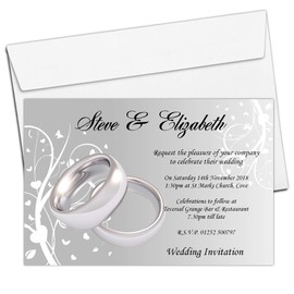 10 Personalised Silver Rings Wedding Invitations Invites N44 Day or Evening