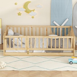 Twin Size Floor Bed Frame with Door and Slats,Montessori Floor Bed with Safety Guardrails for Girls Boys,Solid Wood Kids Montessori Bed Twin Size,Natural