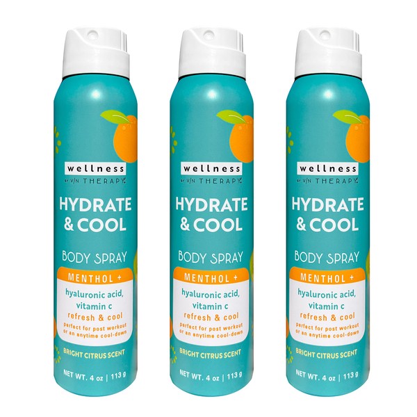 Village Naturals Therapy Wellness Hydrate & Cool Body Spray - Protect and Moisturize Skin with Vitamin C, Menthol and Hyaluronic Acid - Full Body Cooling Mist (Pack of 3 Cans, 4 Ounces Each)