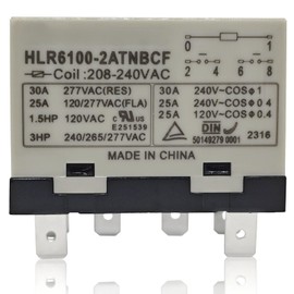HLR6100-2ATNBCF 208-240VAC Compressor Relay – 30A 277VAC 6-Pin DPST-NO Electrical Relay with Quick Connect Terminals for High-Voltage and Inductive Loads