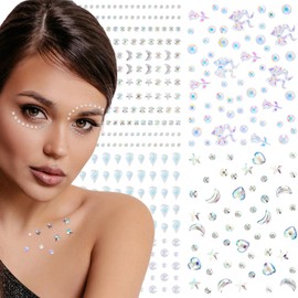 HINZIC 4 Sheets Star Moon Face Jewels Stickers, Self Adhesive Flower Bow Pearl Face Gems Makeup Stickers, Skiny Crystal Facial Rhinestones for Women Eyes, Bodys, Nails
