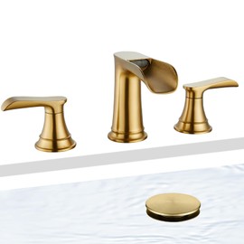 Brushed Gold Waterfall Bathroom Faucet, Sanliv Widespread Bathroom Sink Faucet 3 Hole, Two Handle Brass Vanity Faucets for RV or Farmhouse with Drain Assembly