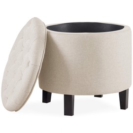 BELLEZE Modern Button Tufted Accent Storage Ottoman, Small Upholstered Circle Pouf Footstool with Lift Top, for Bedroom, Living Room or Vanity, 17-3/4" Round - Lexington (Beige)