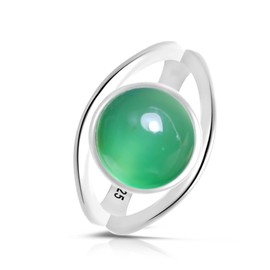 Classic Simple Plain Round Natural Green Agate Stone Ring,925 Sterling Silver Real Quartz Crystal Gemstone Statement Ring for Women Her (A11_Green Agate, 9)
