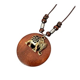 KIFEDSLJ Wooden Pendant Necklace with Owl Leaf Elephant Flower Handmade Vintage Bronze Leaf Long Leather Chain Sweater Necklace for Women-elephant