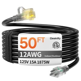 12 Gauge 50 FT Heavy Duty Outdoor Extension Cord Waterproof with Lighted End,Black 12 Gauge Extension Cord Flexible and Cold Resistant 3 Prong Grounded Plug,15Amp 1875W SJTW ETL Listed