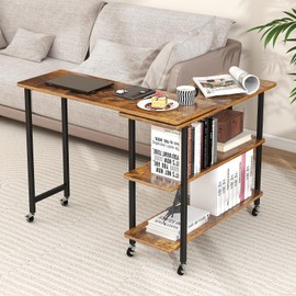 Giantex 360° Free Rotating Sofa Side Table, Mobile L-Shaped Laptop Desk with Sturdy Metal Frame, 6 Universal Casters, Movable Couch Snack Table with 2-Tier Storage Shelf for Home (Brown)