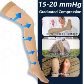 LIN PERFORMANCE 15-20 mmHg Anti Embolism Compression Stockings for Men Women Thigh High Socks with Inspection Hole（L,Beige）