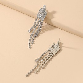 TseenYi Long Rhinestone Earrings Stud Earrings Silver Chandelier Long Earrings Sparkling Crystal Long Fringe Earrings Bridal Chandelier Tassel Earrings Jewellery for Women and Girls