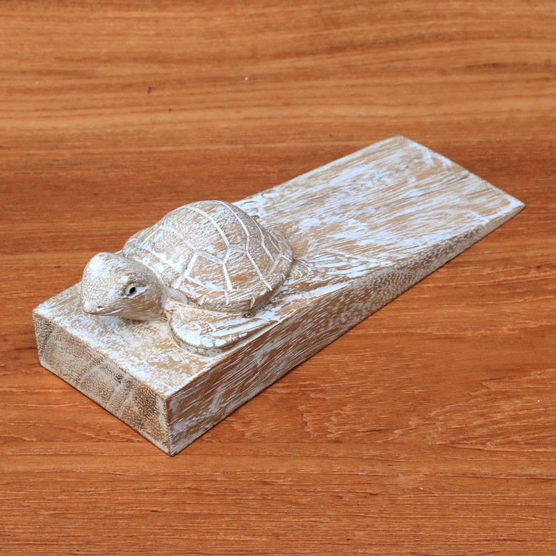 NOVICA Handmade Wood Baby Turtle Door Stopper, Brown and White,